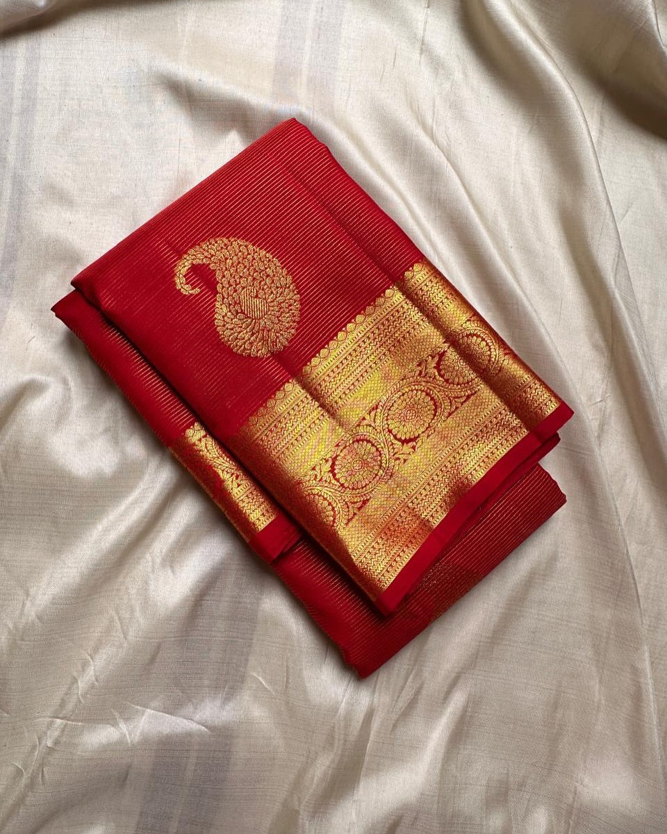 Twirling Red Soft Banarasi Silk Saree With Beauteous Blouse Piece - Image 2