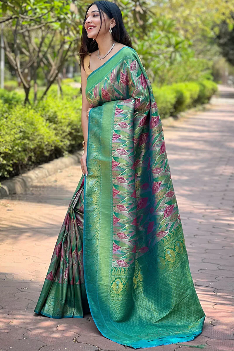 Twirling Sea Green Kanjivaram Silk Saree With Super Classy Blouse Piece - Image 3