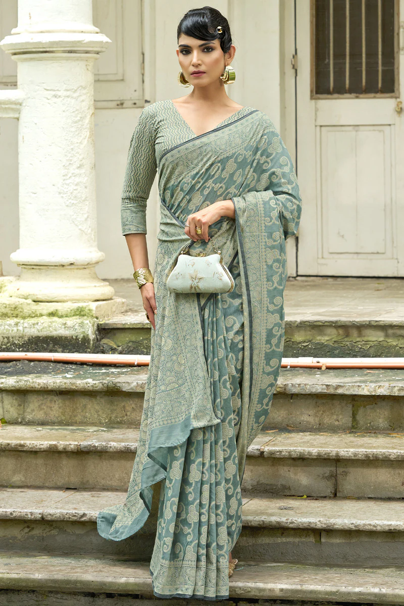 Twirling Sea Green Lucknowi Silk Saree With Outstanding Blouse Piece - Image 3