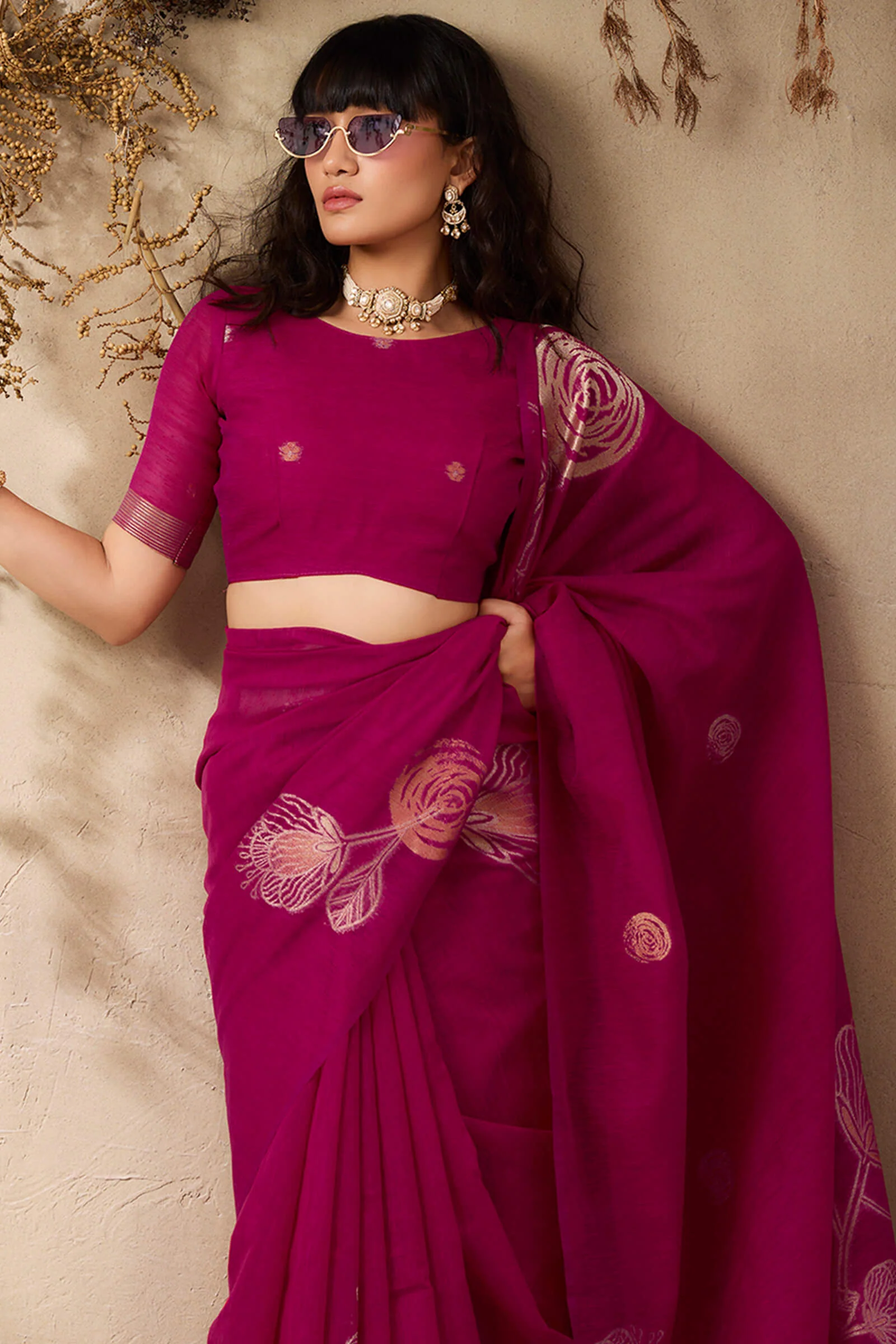 Unequalled Dark Pink Cotton Silk Saree With Bucolic Blouse Piece - Image 4