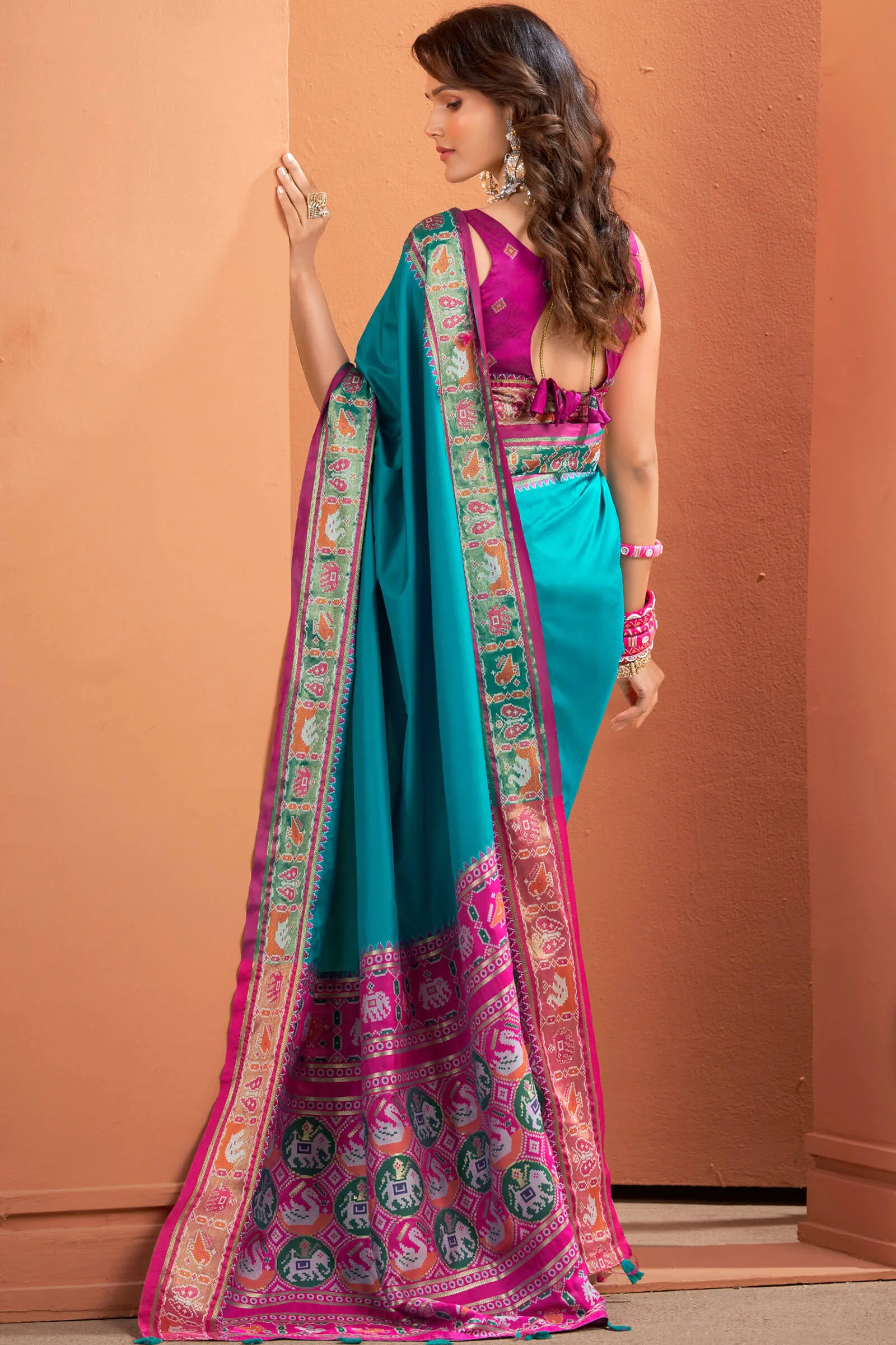 Unequalled Firozi Patola Silk Saree with Beautiful Blouse Piece - Image 3