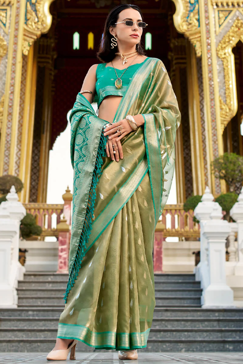 Unequalled Mehndi Soft Banarasi Silk Saree With Serendipity Blouse Piece - Image 3
