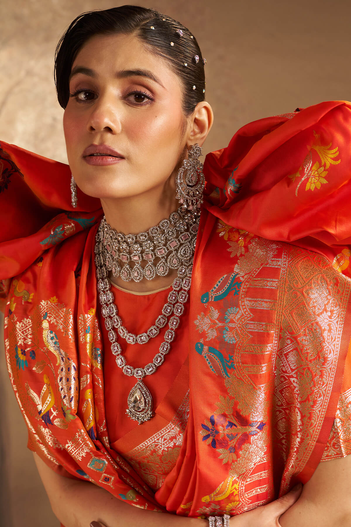 Unequalled Orange Pure Zari Weaving Banarasi Silk Saree With Sonorous Blouse Piece - Image 2