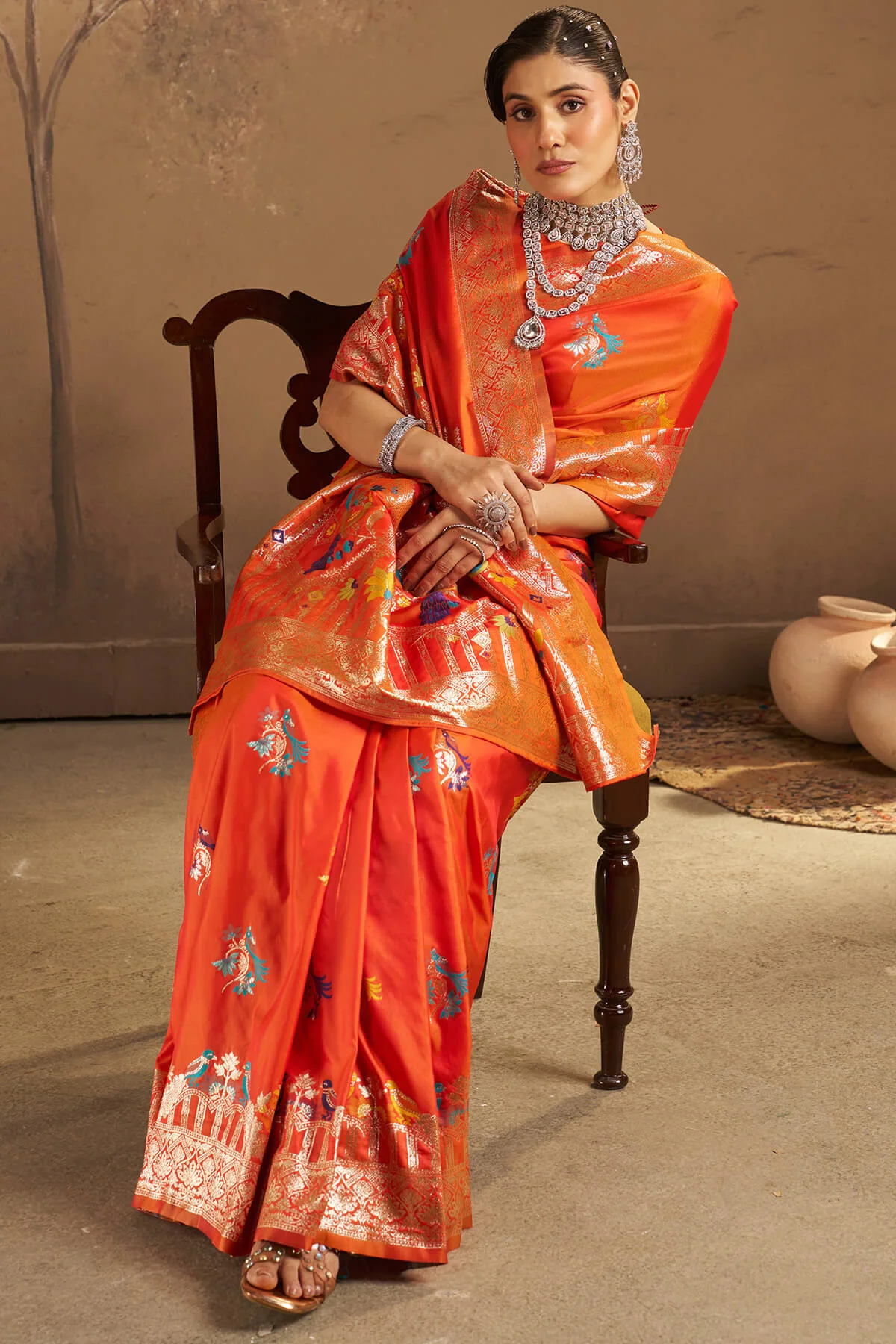 Unequalled Orange Pure Zari Weaving Banarasi Silk Saree With Sonorous Blouse Piece - Image 3