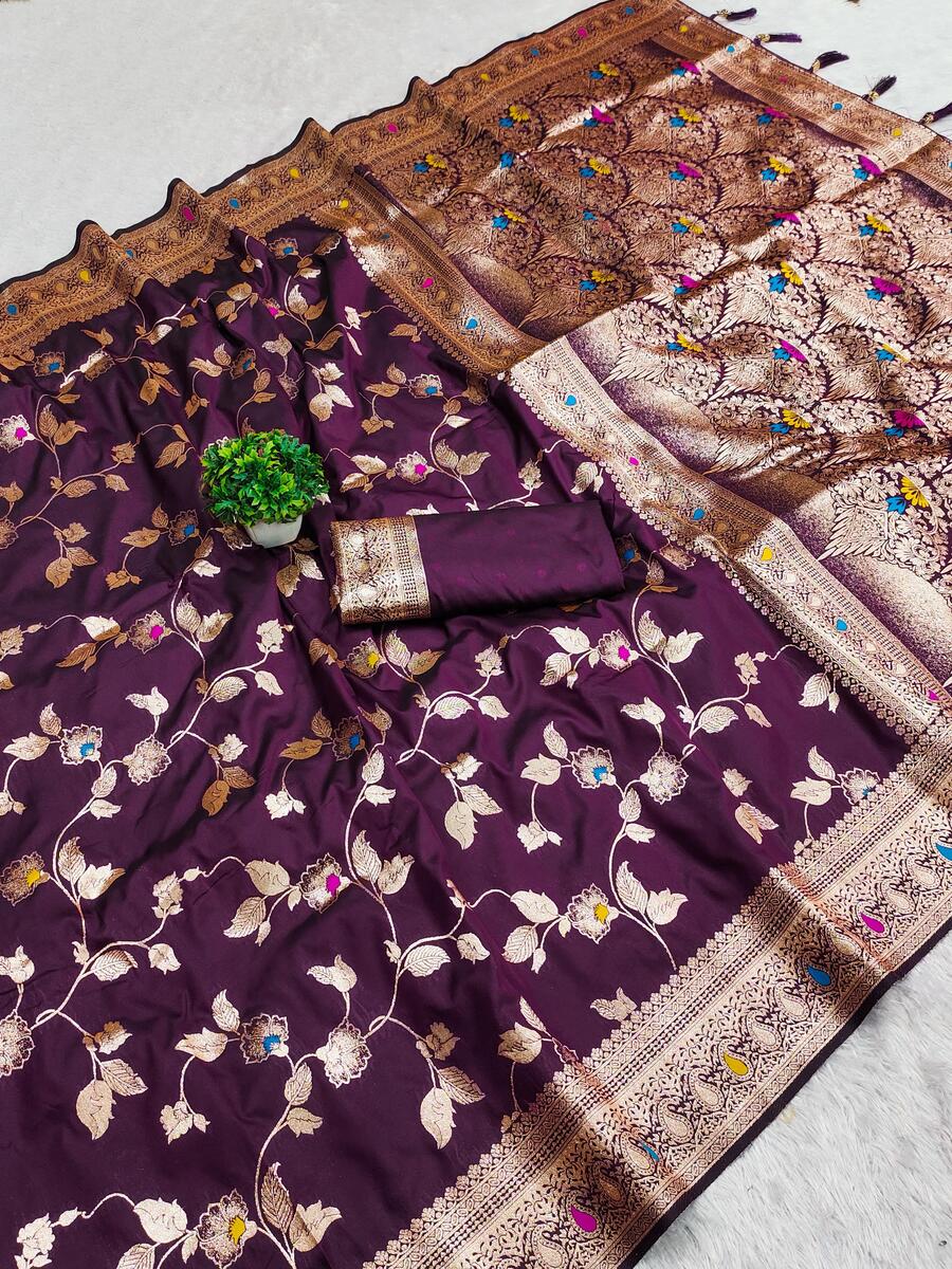 Unequalled Wine Pure Zari Weaving Banarasi Silk Saree With Radiant Blouse Piece