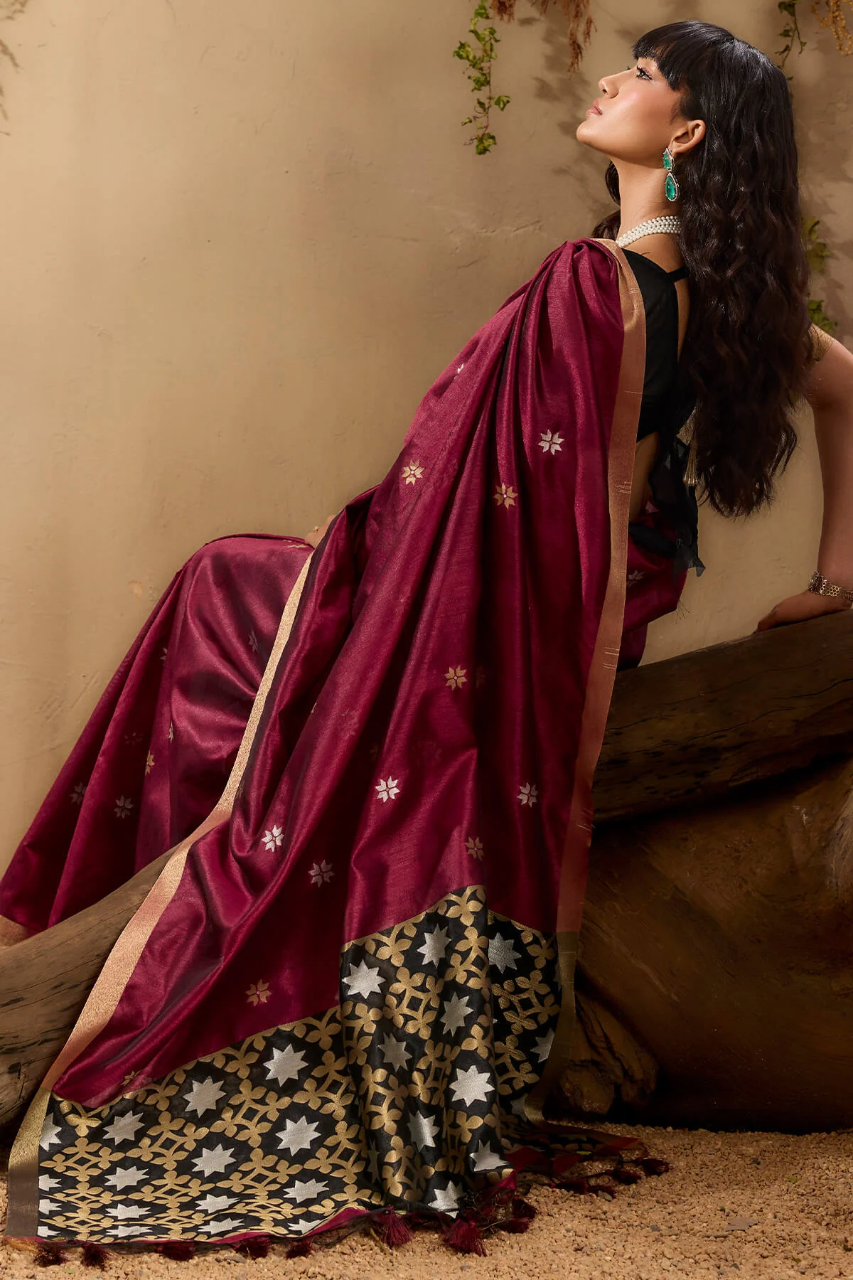 Unequalled Wine Pure Zari Weaving Banarasi Tussar Silk Saree With Quintessential Blouse Piece - Image 4