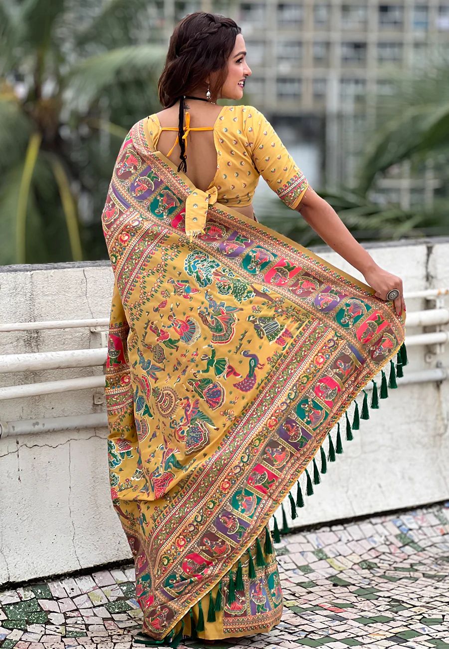 Unequalled Yellow Nylon Dola Pashmina Saree With Designer Blouse Piece - Image 4