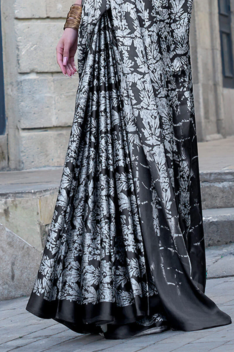 Unique Black and White Digital Printed Satin Silk Saree With Beautiful Blouse Piece - Image 3