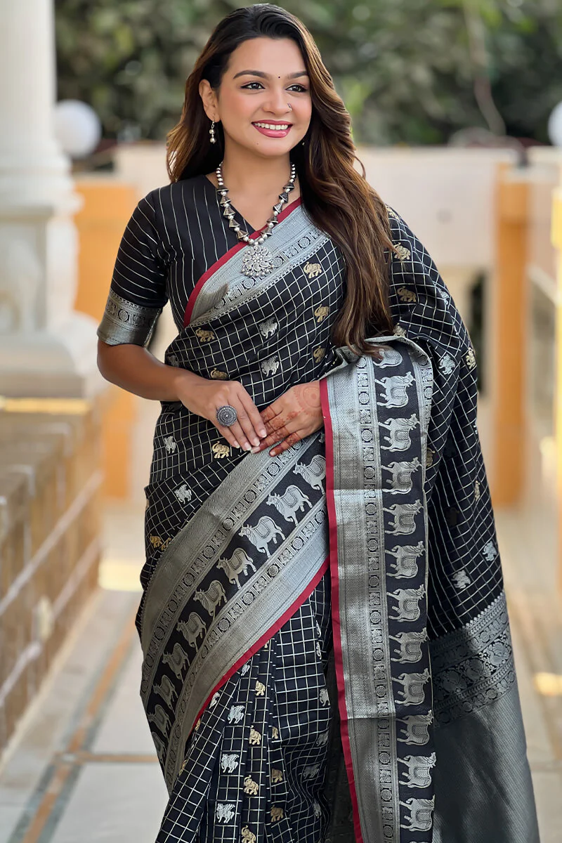 Unique Black Soft Banarasi Silk Saree With Amazing Blouse Piece - Image 2