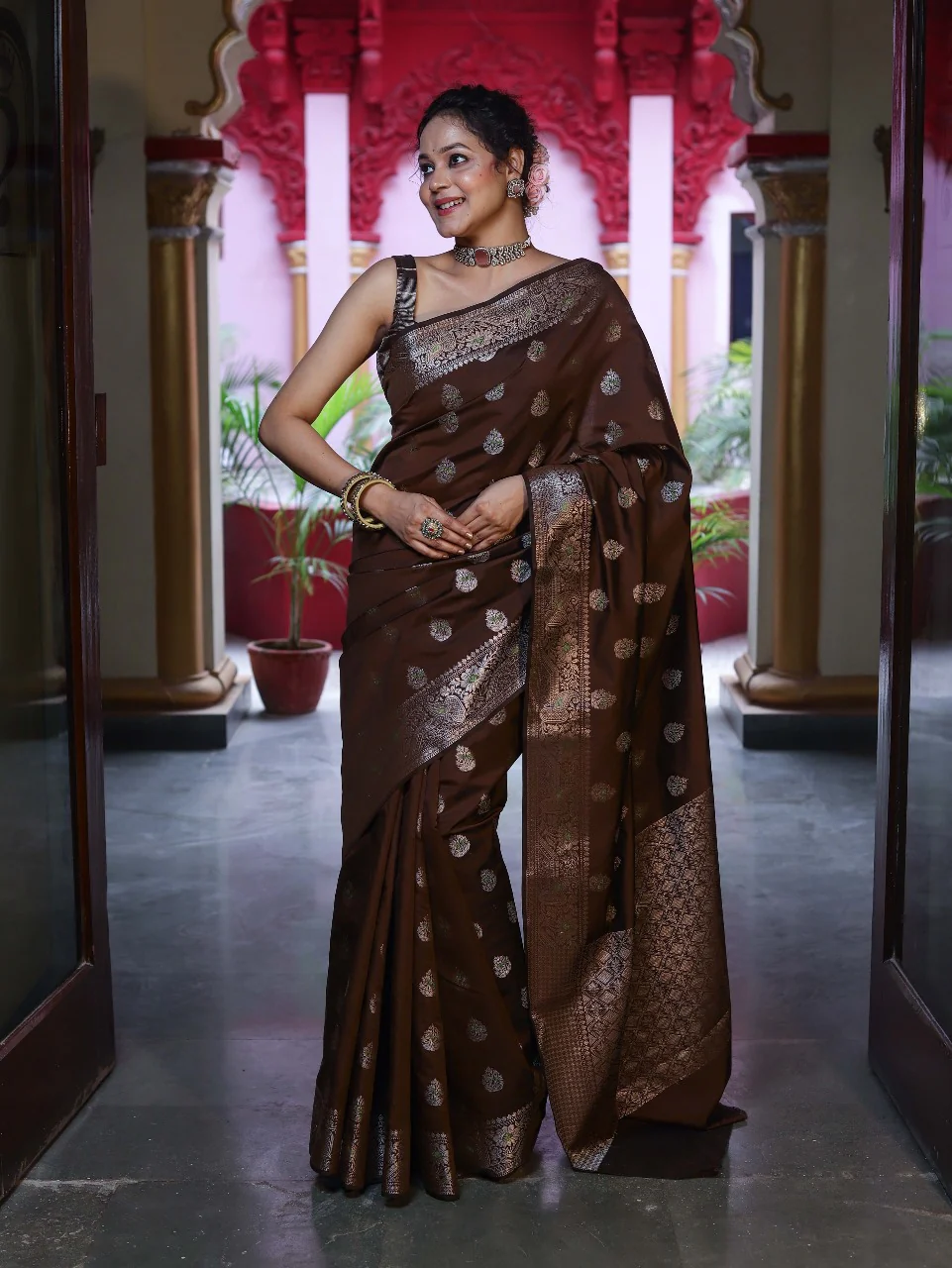 Unique Brown Pure Zari Weaving Banarasi Silk Saree With Jazzy Blouse Piece