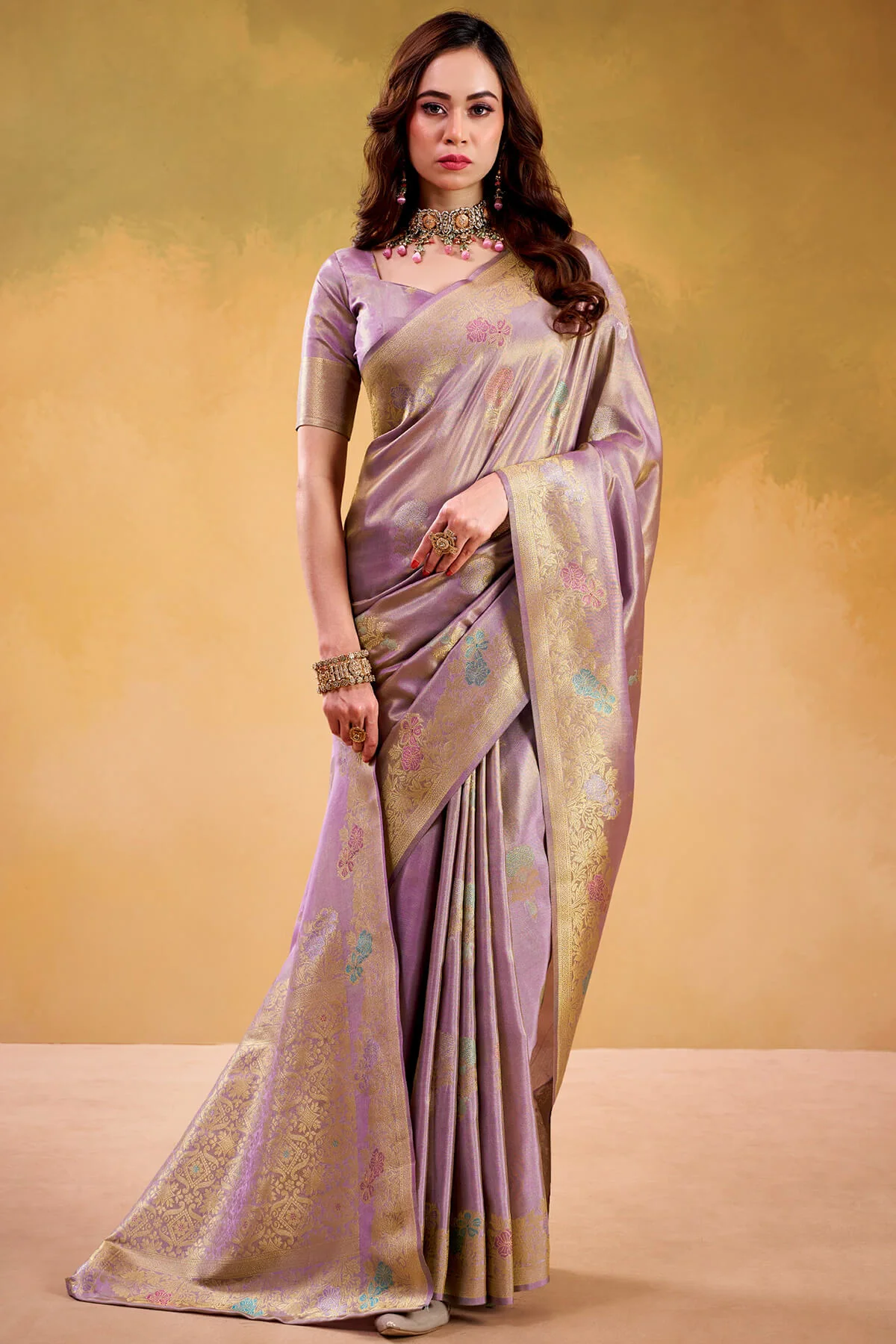 Unique Lavender Banarasi Tissue Silk Saree With Ideal Blouse Piece