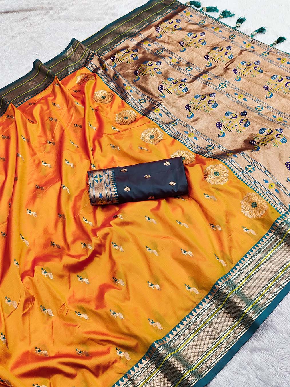 Unique Mustard Paithani Silk Saree With Girlish Blouse Piece - Image 7