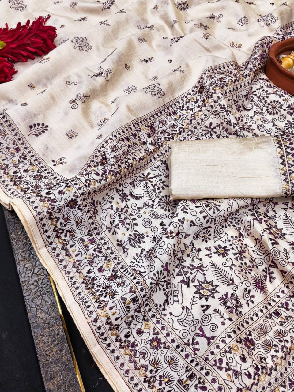 Unique Off White Embroidery Work Tussar Silk Saree With Susurrous Blouse Piece - Image 2