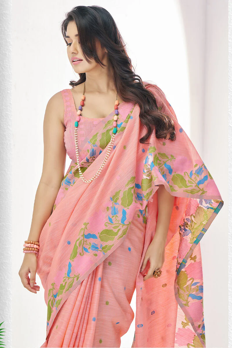 Unique Peach Cotton Silk Saree With Intricate Blouse Piece - Image 2