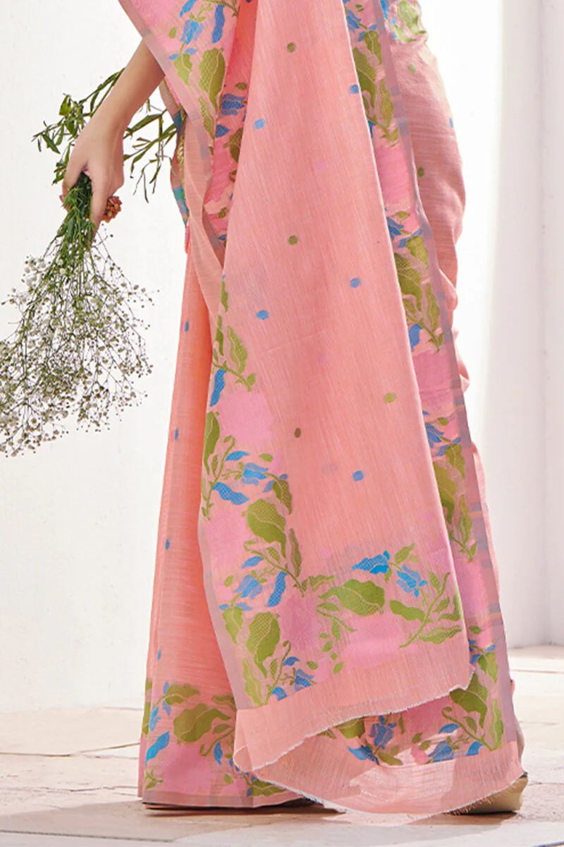 Unique Peach Cotton Silk Saree With Intricate Blouse Piece - Image 3