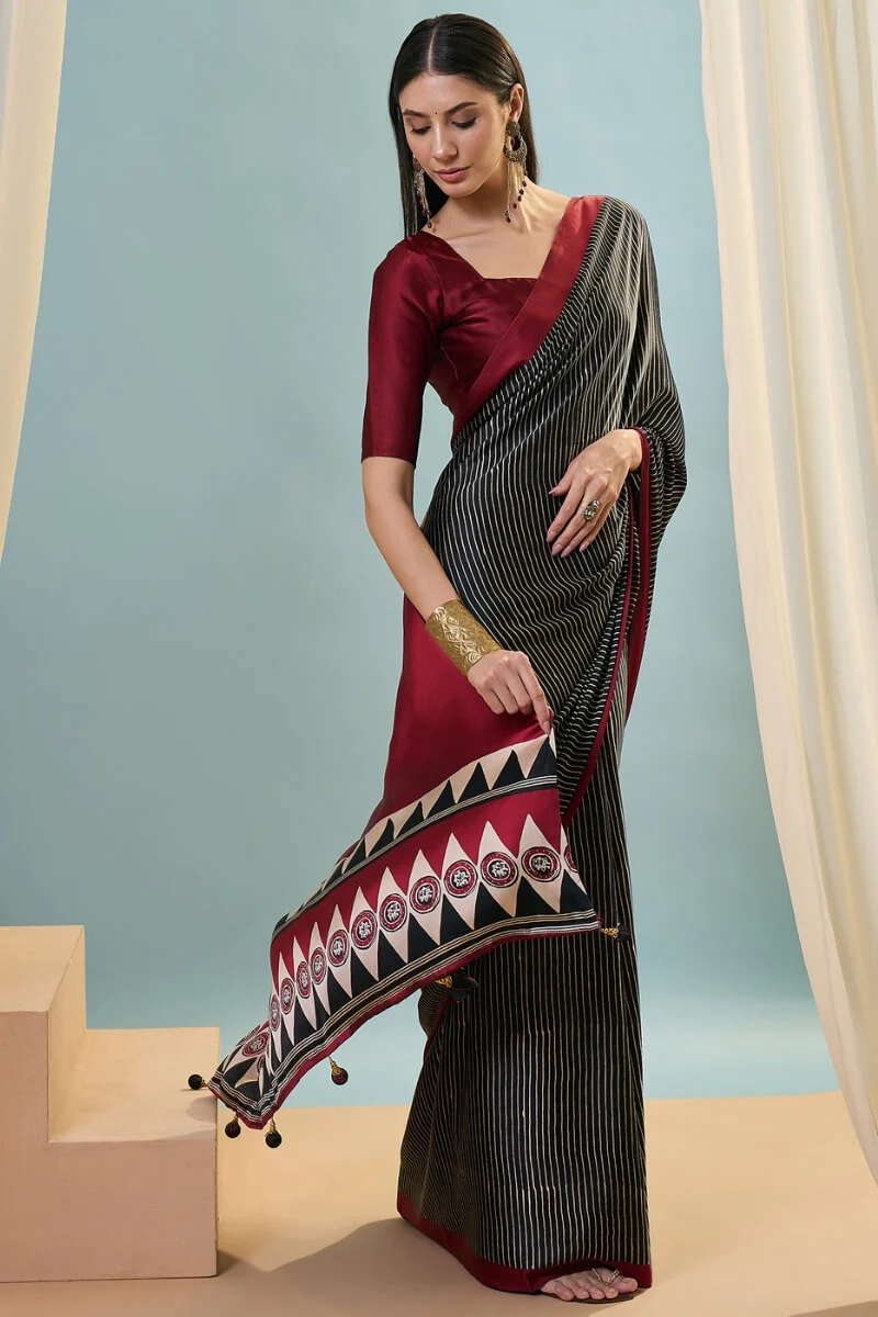 Verdant Black Ajrakh Printed Semi Modal Silk Saree With Vivacious Blouse Piece - Image 5