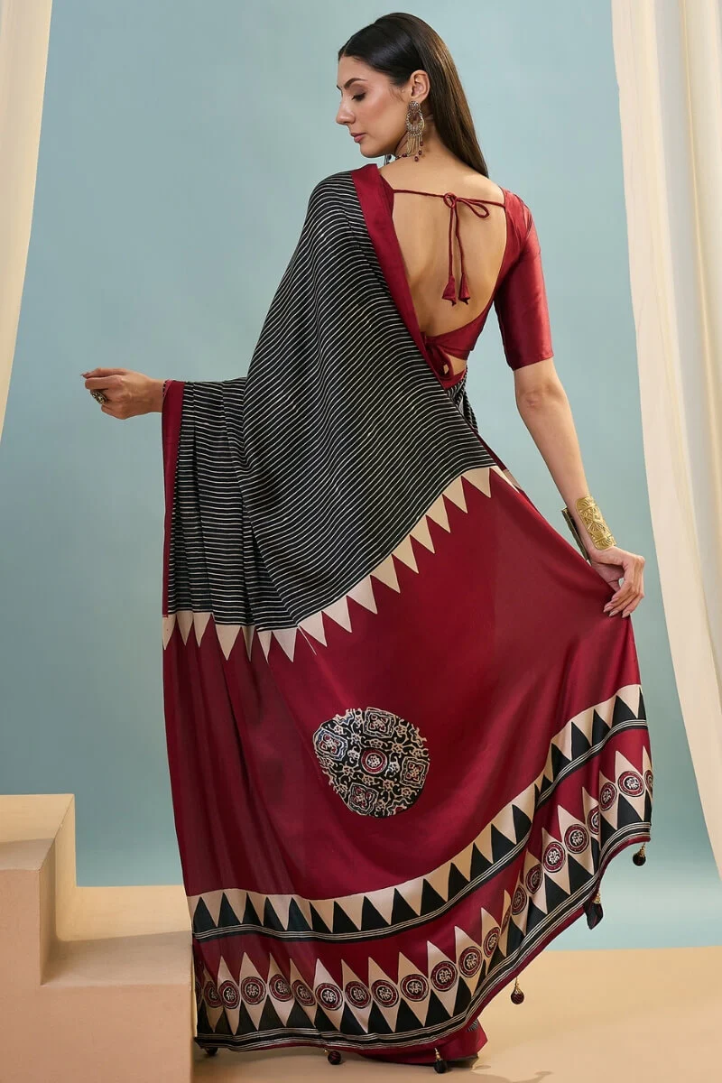 Verdant Black Ajrakh Printed Semi Modal Silk Saree With Vivacious Blouse Piece - Image 6