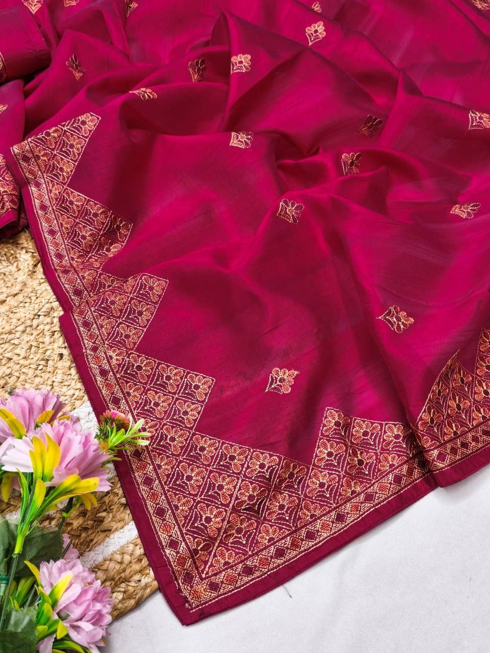 Verdant Dark Pink Embroidery Work Tussar Silk Saree With Seraphic Blouse Piece - Image 3