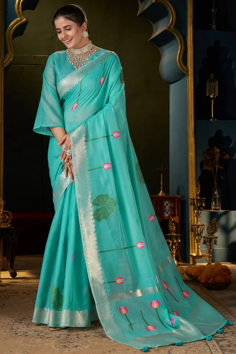 Verdant Turquoise Cotton Silk Saree With Alluring Blouse Piece - Image 3