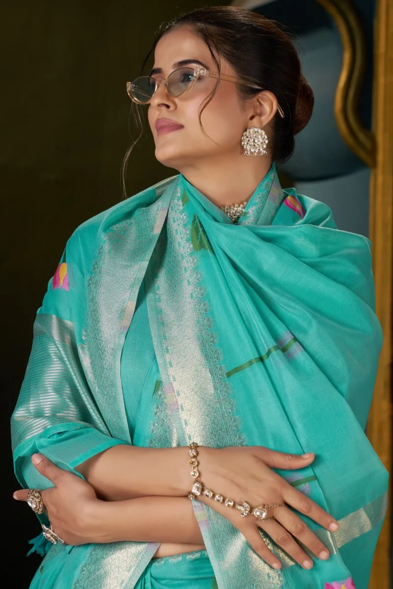 Verdant Turquoise Cotton Silk Saree With Alluring Blouse Piece - Image 4