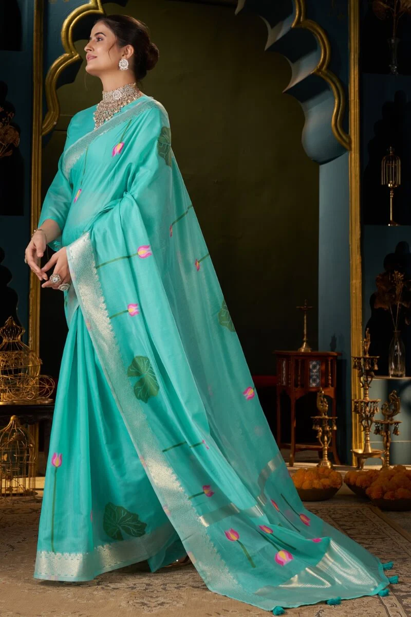 Verdant Turquoise Cotton Silk Saree With Alluring Blouse Piece - Image 5