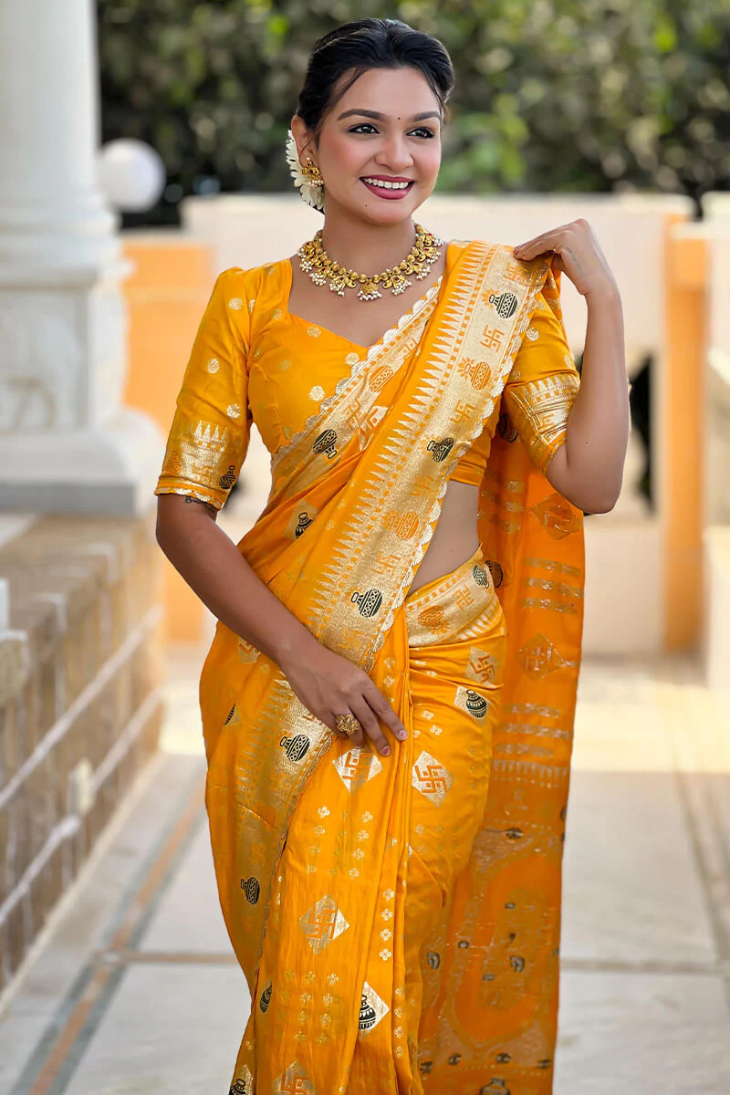 Verdant Yellow Soft Banarasi Silk Saree With Prominent Blouse Piece - Image 2