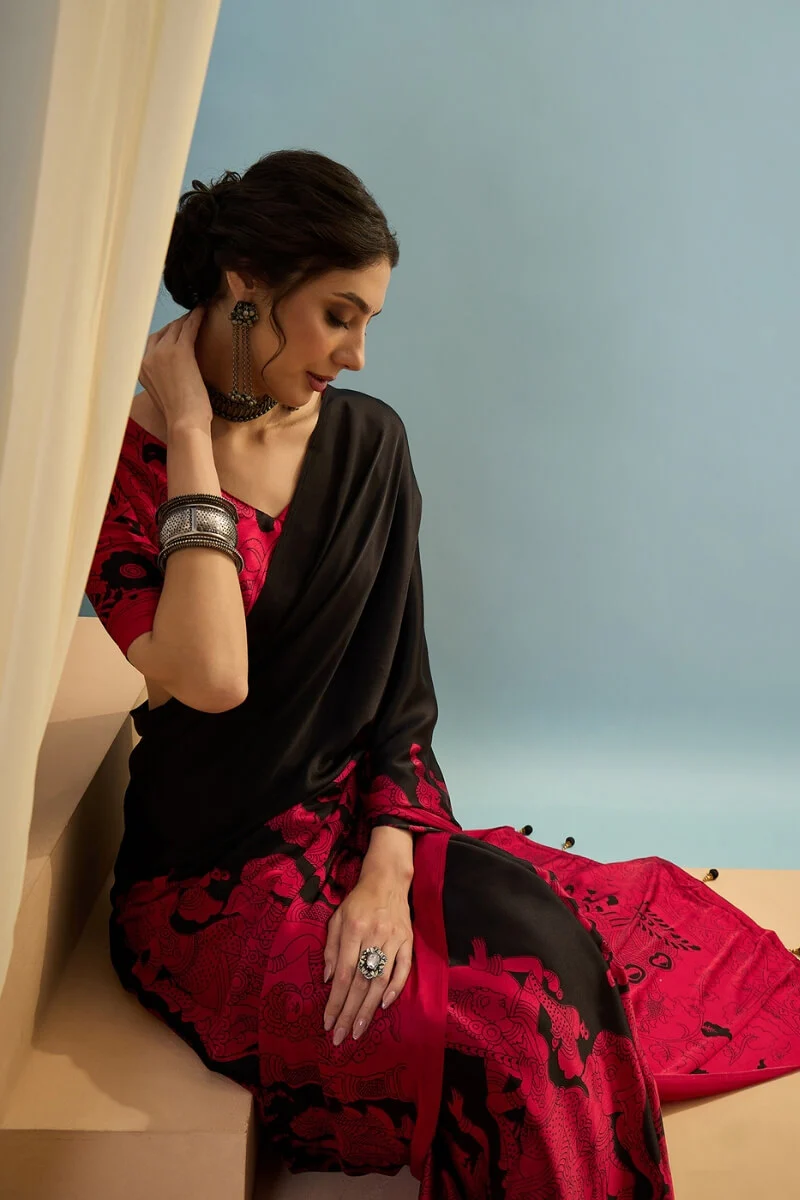 Vestigial Black Ajrakh Printed Semi Modal Silk Saree With Desiring Blouse Piece - Image 2