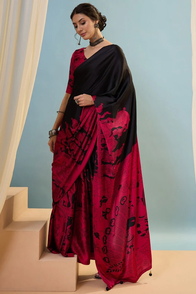 Vestigial Black Ajrakh Printed Semi Modal Silk Saree With Desiring Blouse Piece - Image 3