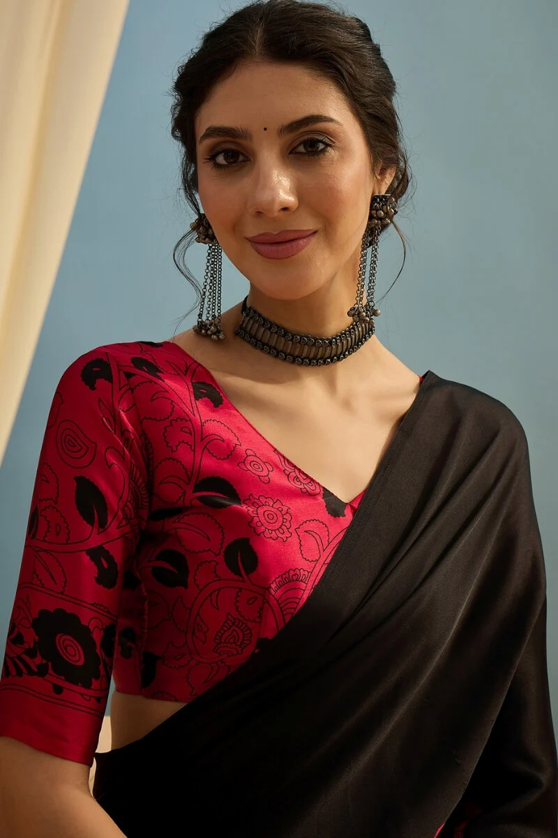 Vestigial Black Ajrakh Printed Semi Modal Silk Saree With Desiring Blouse Piece - Image 4