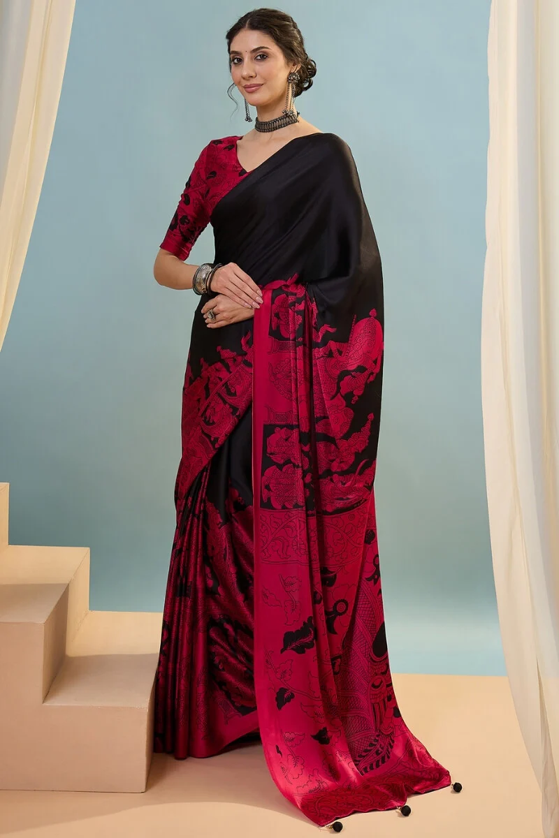 Vestigial Black Ajrakh Printed Semi Modal Silk Saree With Desiring Blouse Piece - Image 5