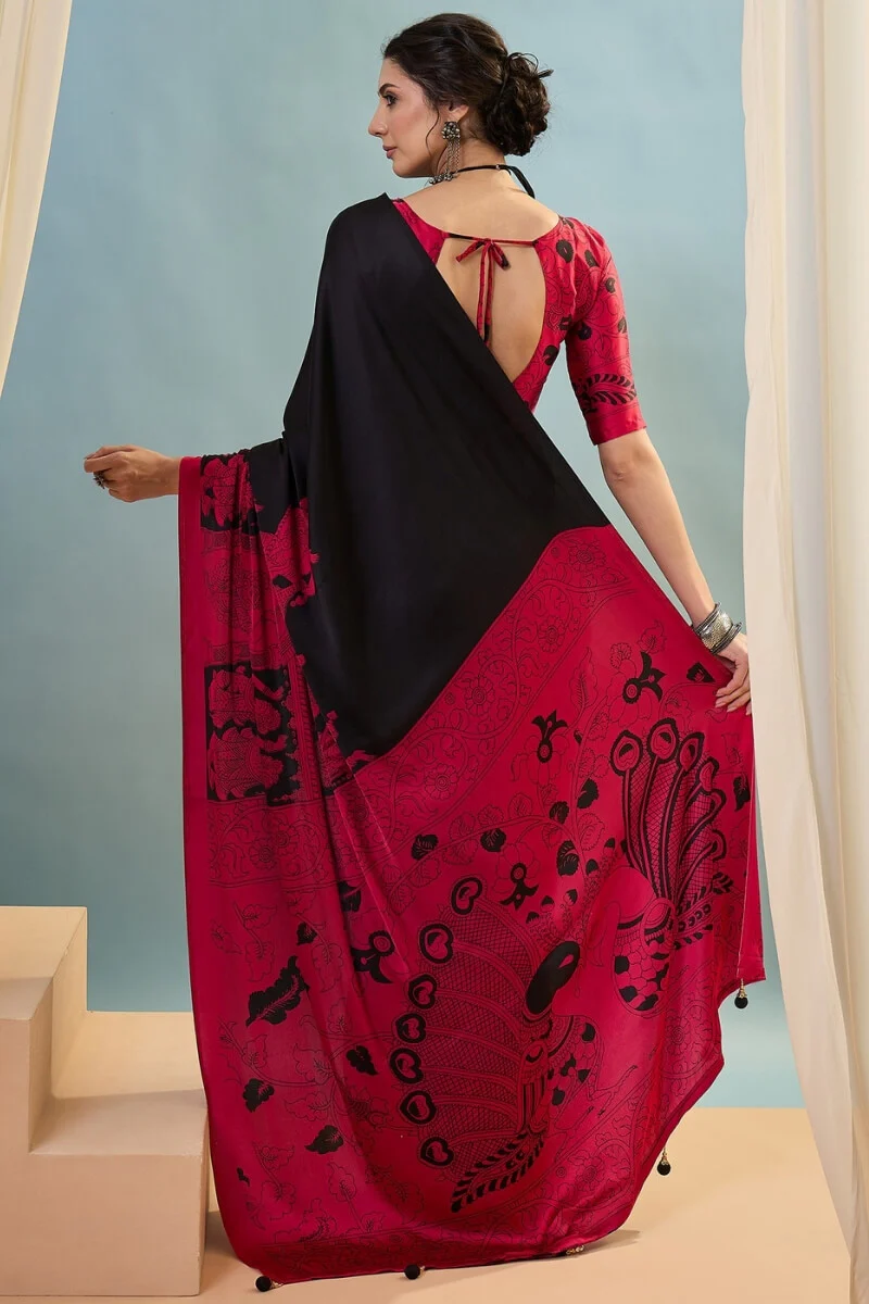 Vestigial Black Ajrakh Printed Semi Modal Silk Saree With Desiring Blouse Piece - Image 7