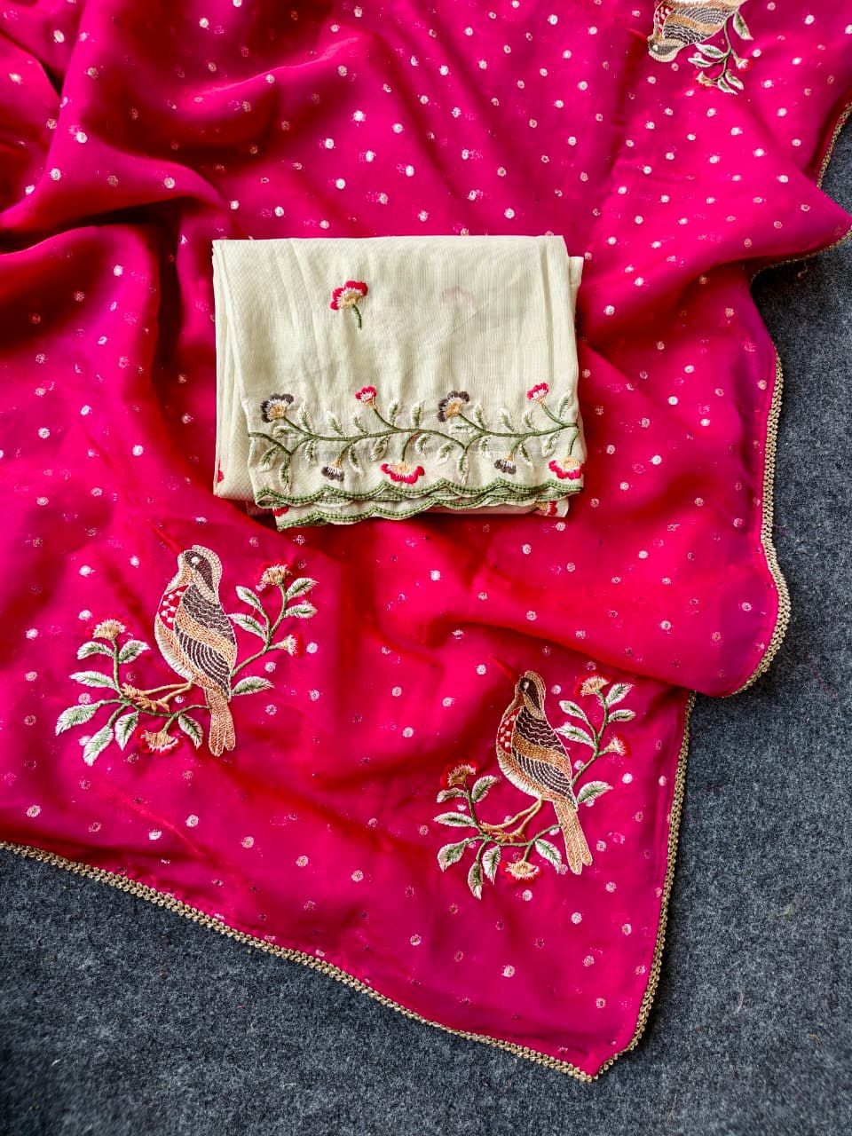 Vestigial Dark Pink Embroidery Work Chiffon Silk Saree With Devastating Blouse Piece - Image 3
