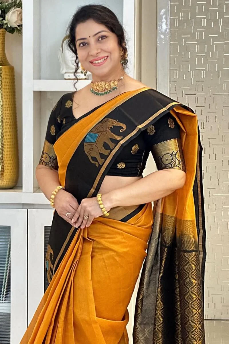 Vestigial Mustard Soft Silk Saree With Adorable Blouse Piece - Image 2