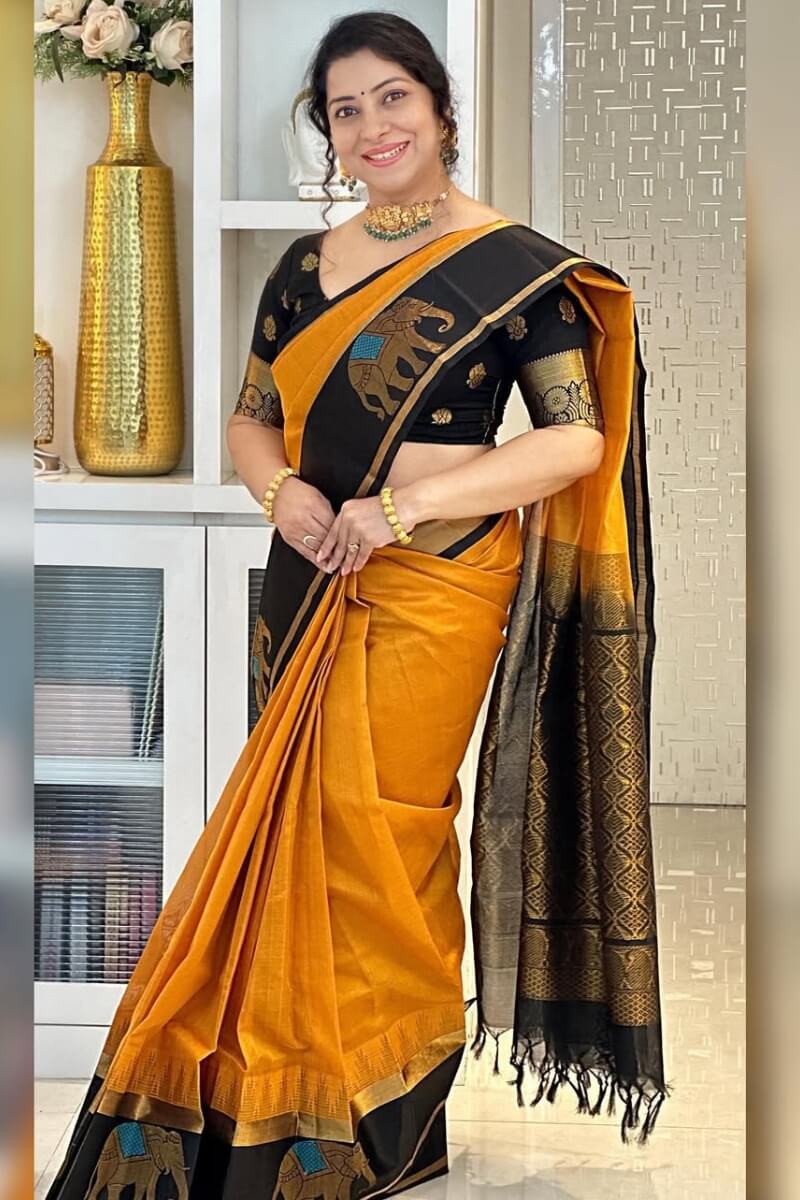 Vestigial Mustard Soft Silk Saree With Adorable Blouse Piece - Image 4