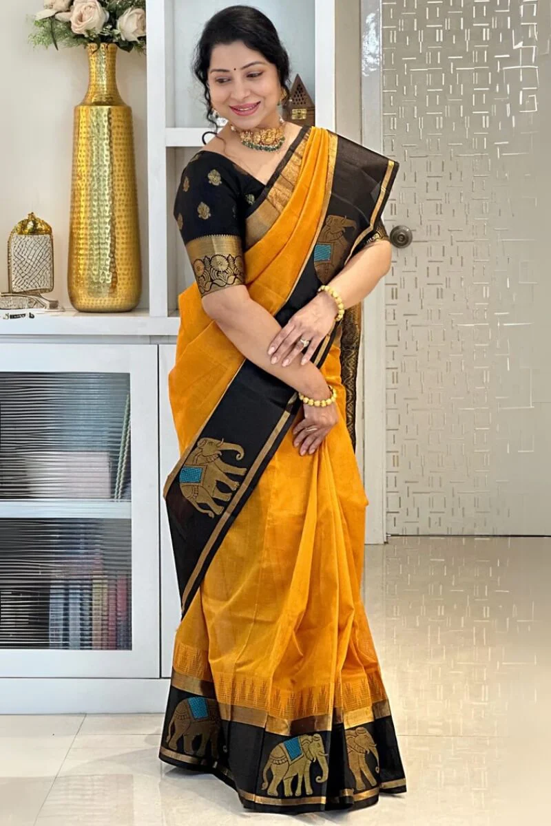 Vestigial Mustard Soft Silk Saree With Adorable Blouse Piece - Image 6