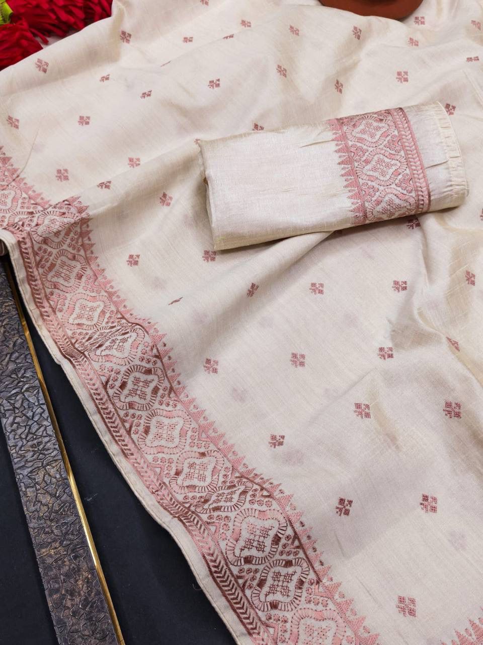 Vestigial Off White Embroidery Work Tussar Silk Saree With Adoring Blouse Piece - Image 3