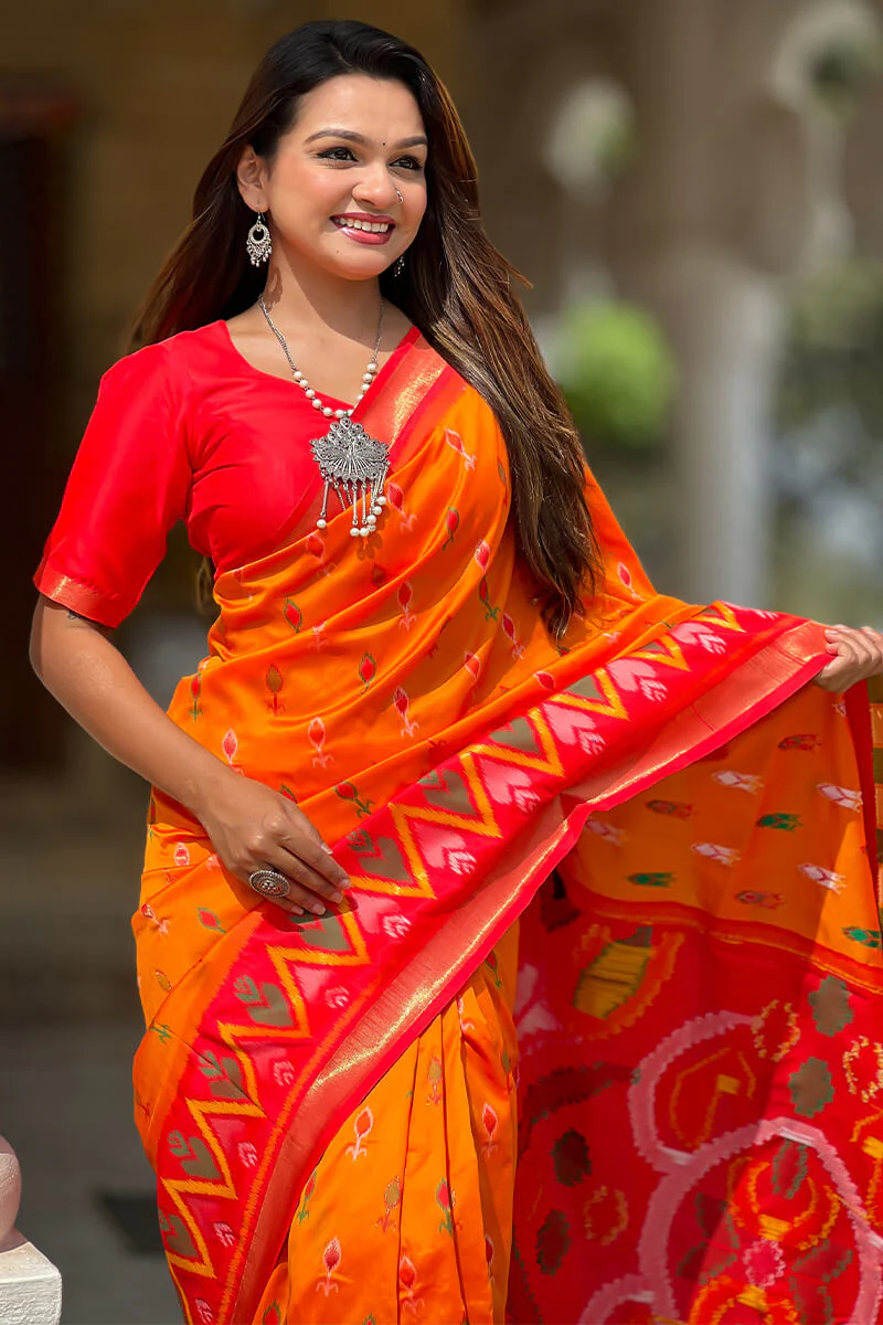 Vestigial Orange Soft Banarasi Silk Saree With Hypnotic Blouse Piece - Image 2