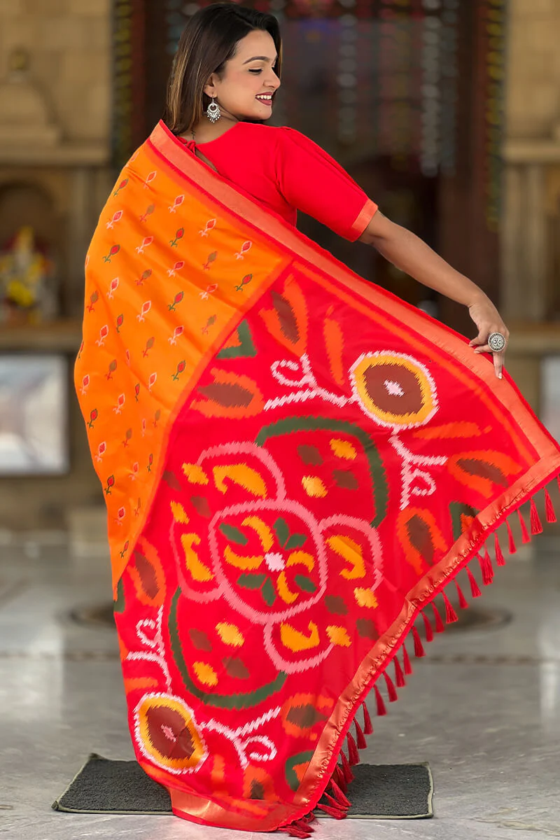 Vestigial Orange Soft Banarasi Silk Saree With Hypnotic Blouse Piece - Image 4
