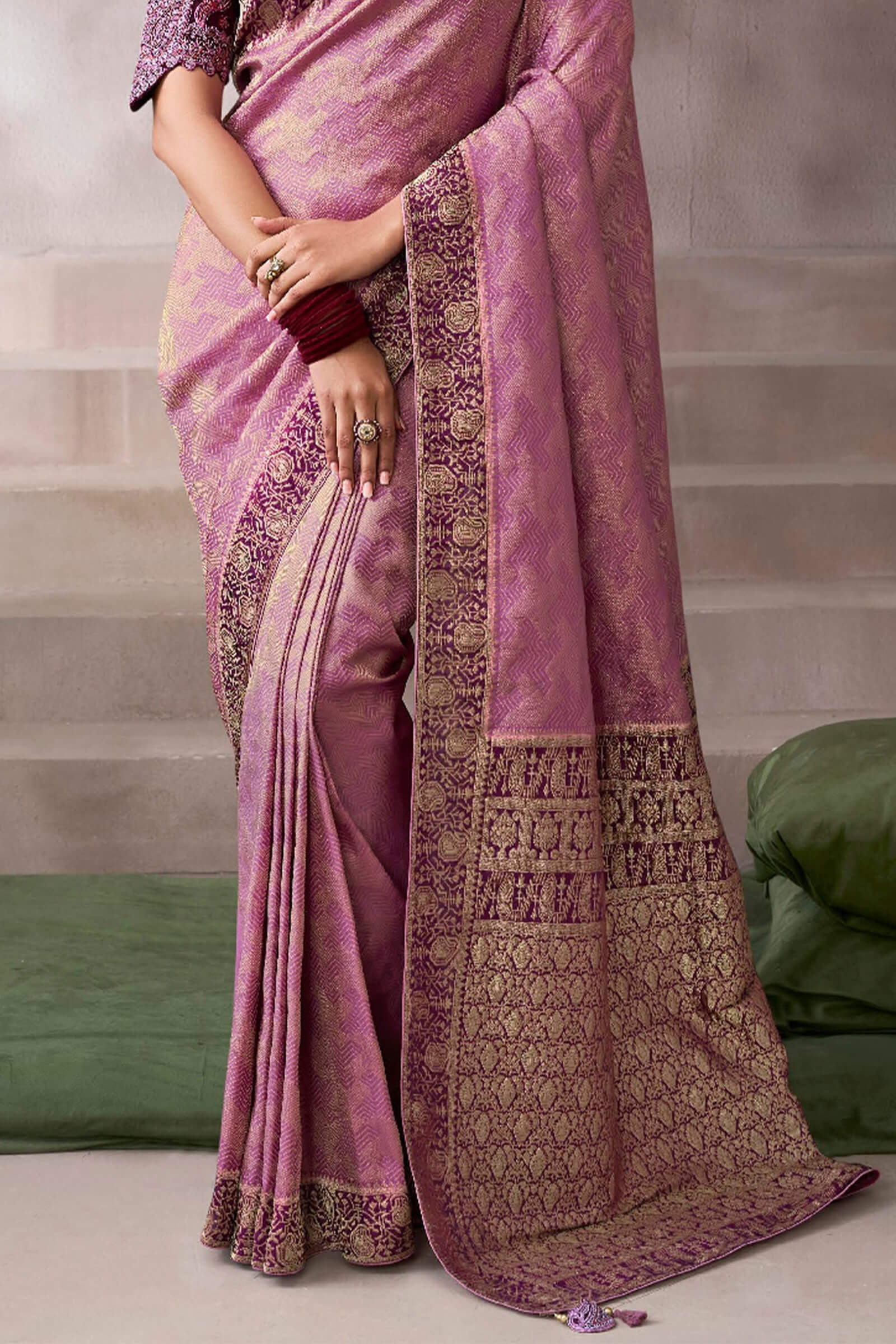 Vestigial Pink Banarasi Satin Silk Saree With Scrumptious Blouse - Image 4