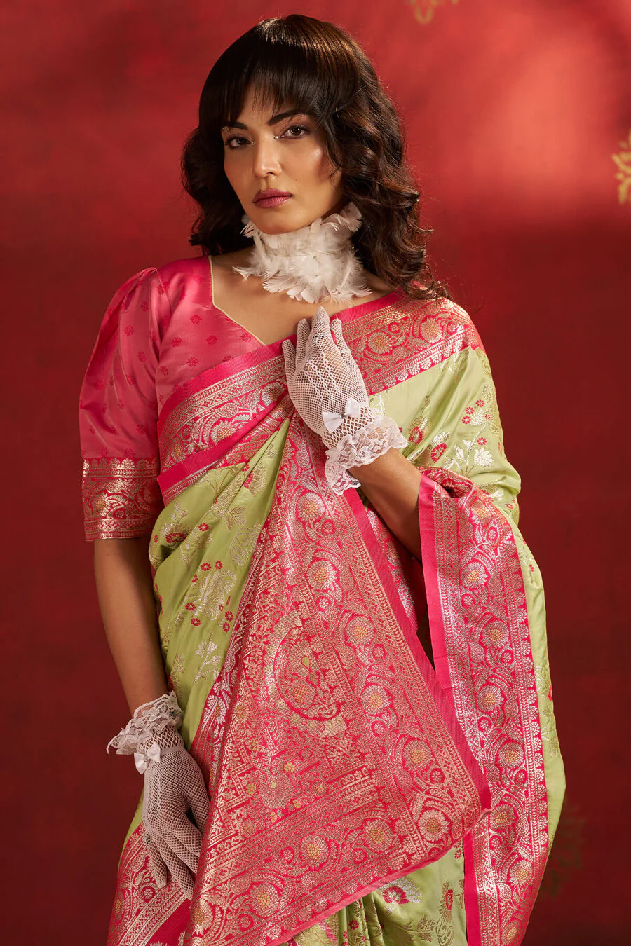 Vestigial Pista Pure Zari Weaving Banarasi Silk Saree With Beauteous Blouse Piece - Image 2