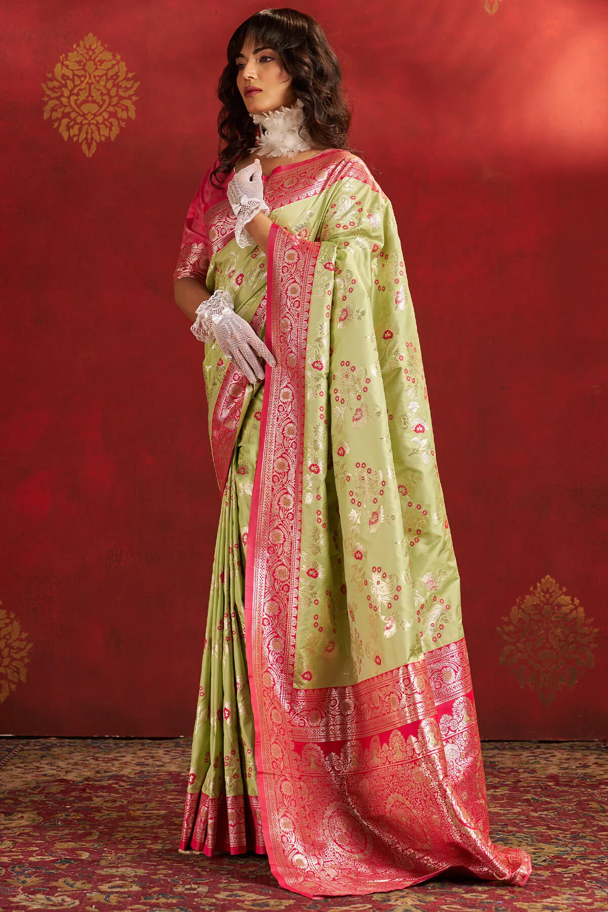 Vestigial Pista Pure Zari Weaving Banarasi Silk Saree With Beauteous Blouse Piece - Image 5