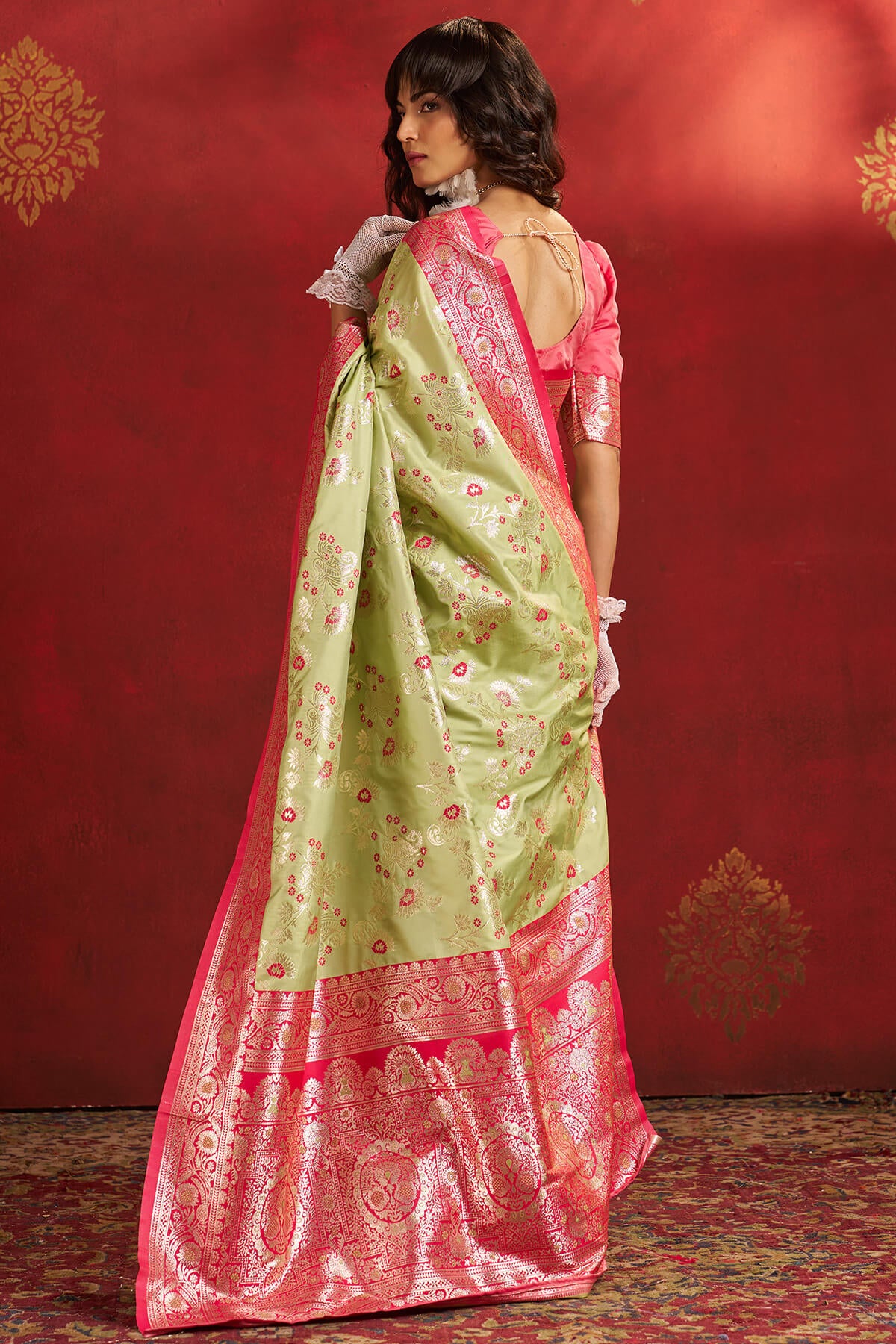 Vestigial Pista Pure Zari Weaving Banarasi Silk Saree With Beauteous Blouse Piece - Image 6