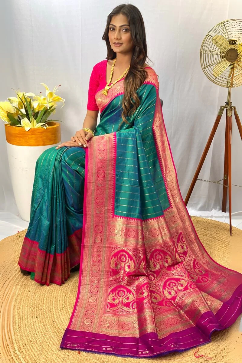 Vestigial Rama Soft Banarasi Silk Saree With Amiable Blouse Piece - Image 3