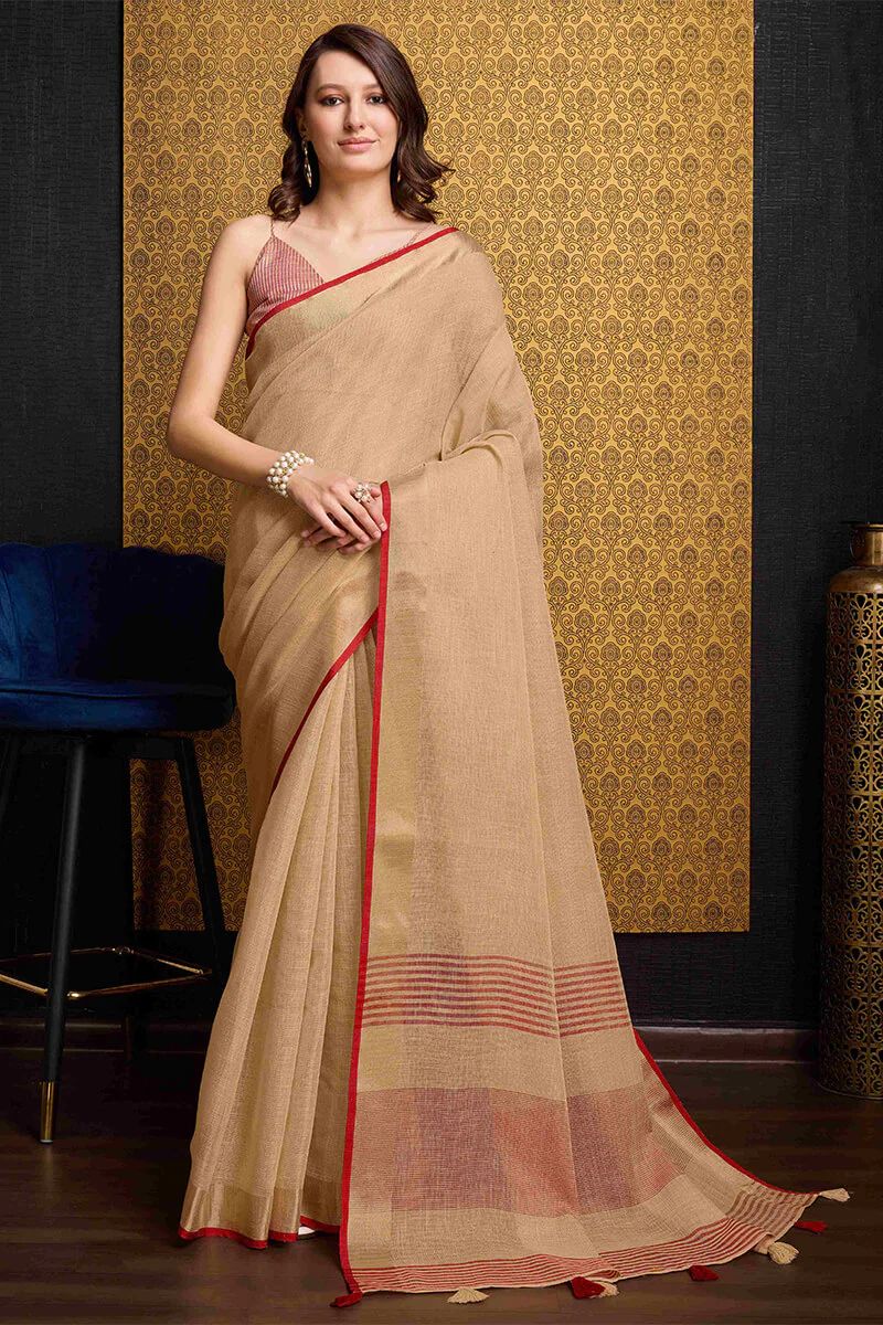 Vibrant Beige Cotton Silk Saree With Majesty Blouse Piece