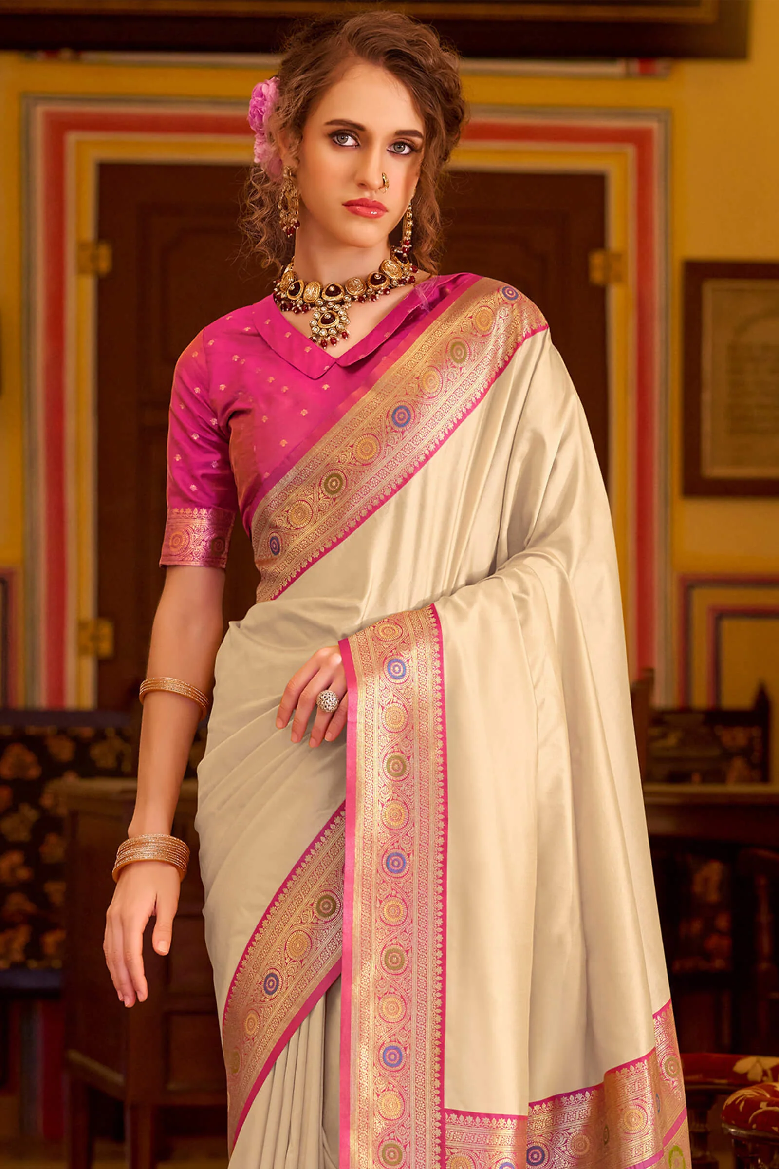 Vibrant Beige Pure Zari Weaving Banarasi Silk Saree With Dazzling Blouse Piece - Image 2