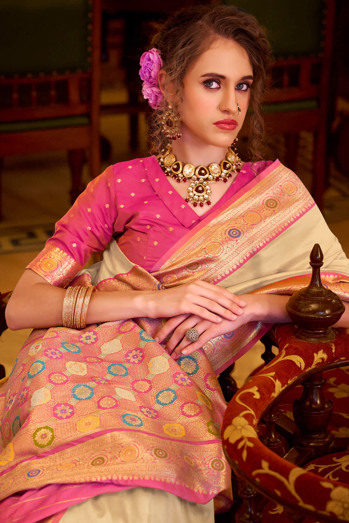 Vibrant Beige Pure Zari Weaving Banarasi Silk Saree With Dazzling Blouse Piece - Image 3