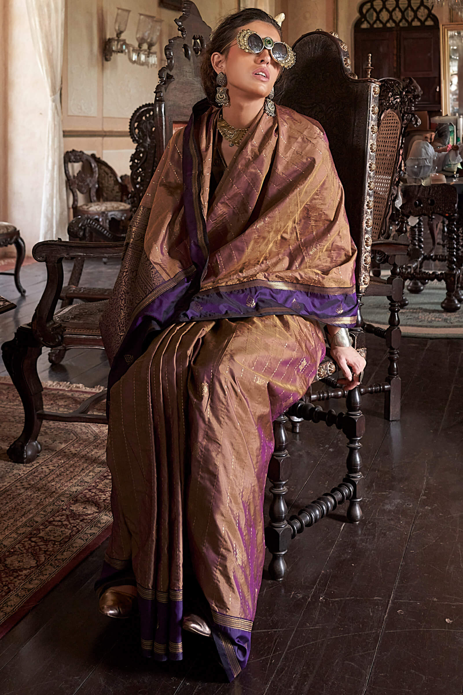 Vibrant Brown Banarasi Tussar Silk Saree With Ethnic Blouse Piece - Image 2