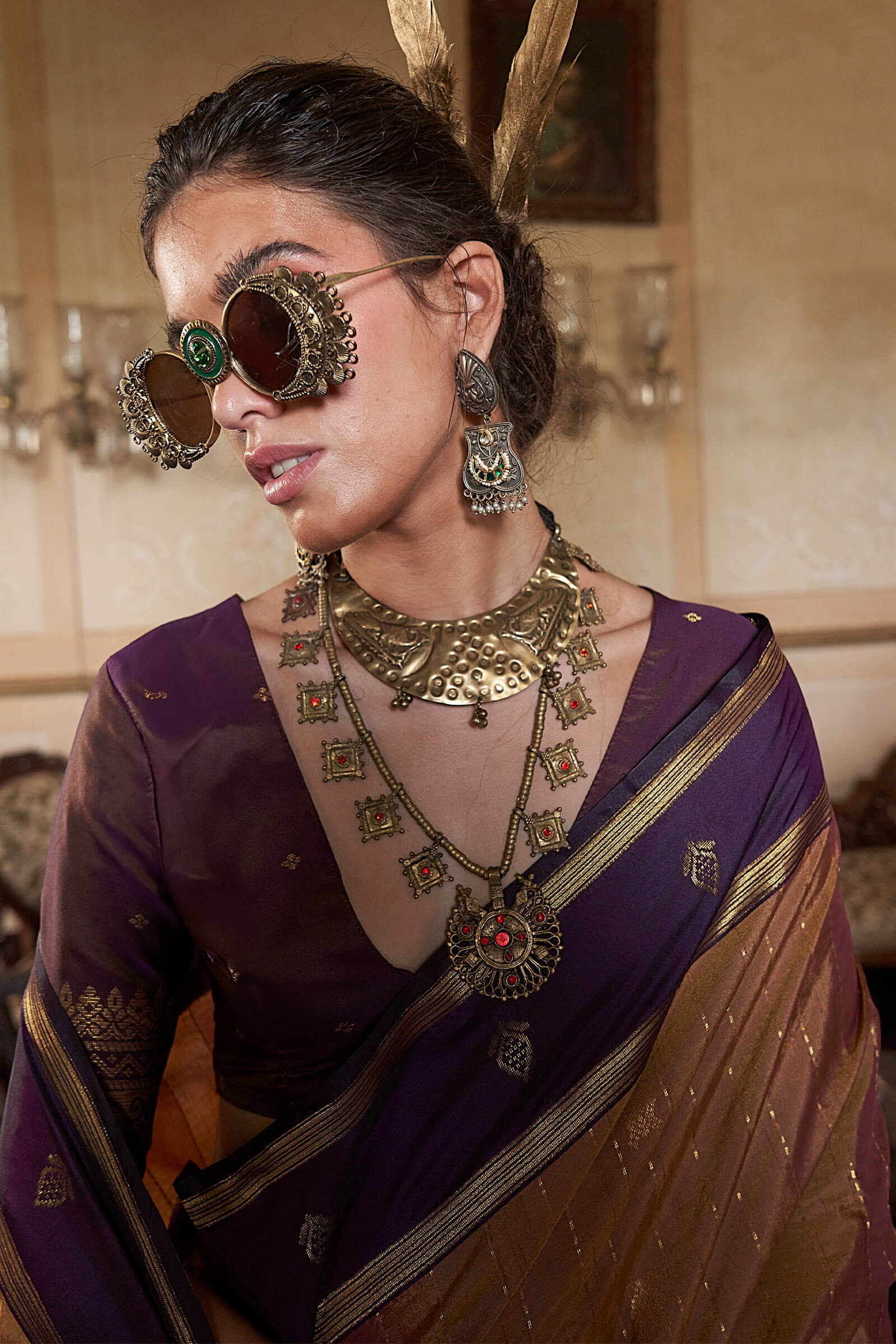 Vibrant Brown Banarasi Tussar Silk Saree With Ethnic Blouse Piece - Image 3