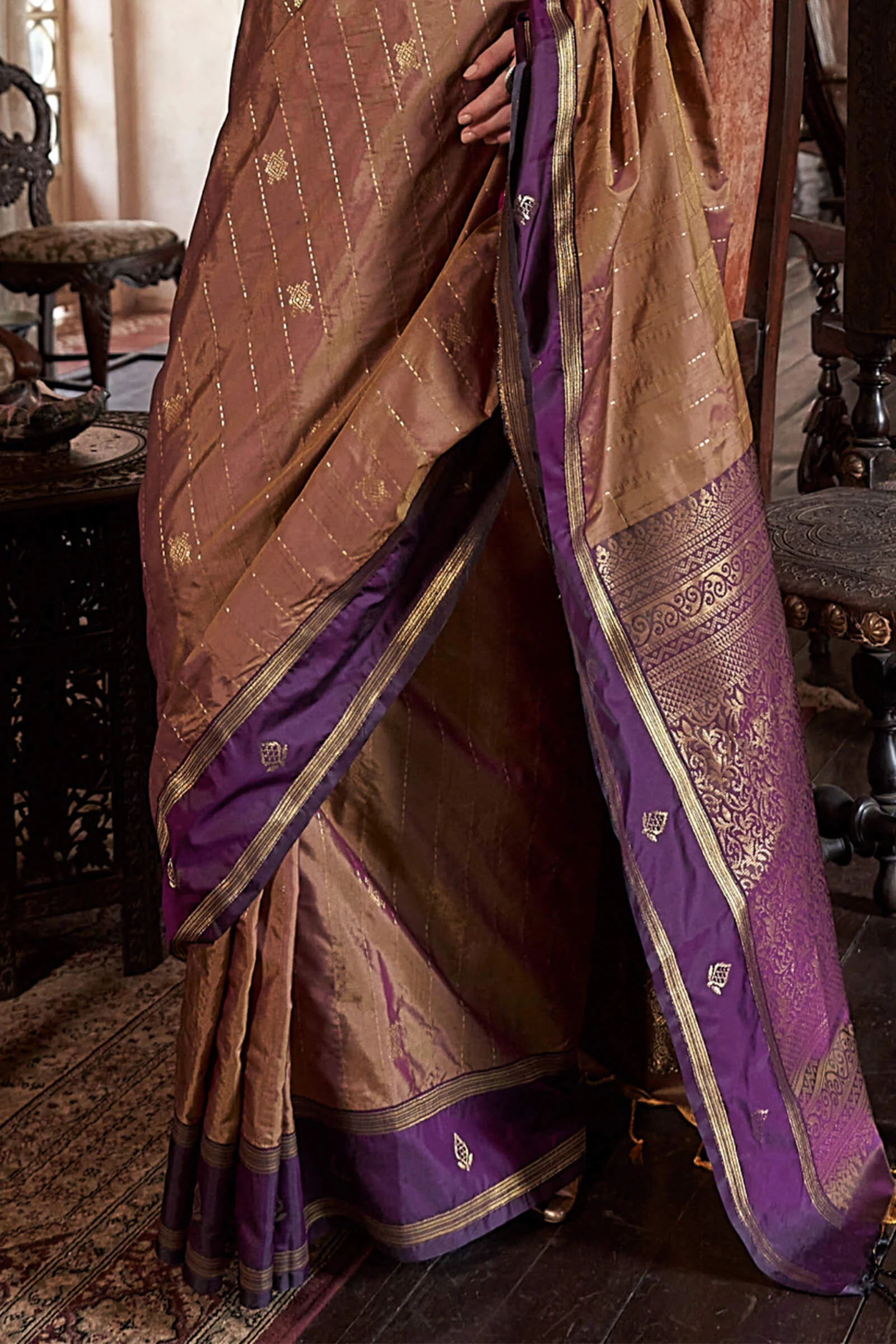 Vibrant Brown Banarasi Tussar Silk Saree With Ethnic Blouse Piece - Image 4