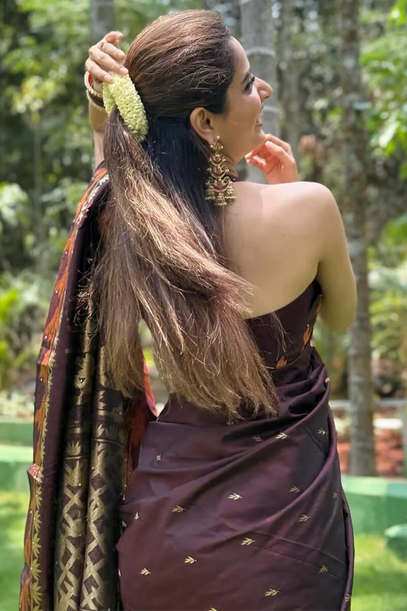 Vibrant Brown Soft Silk Saree With Excellent Blouse Piece - Image 4